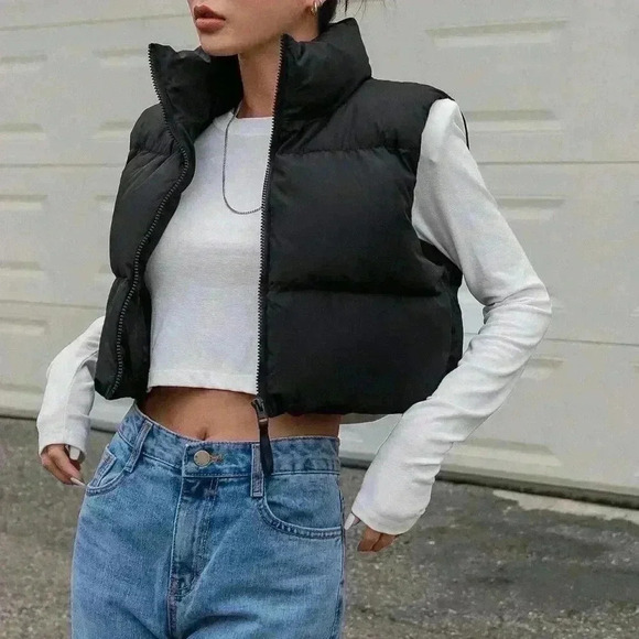 Black Casual Women's Zip Up Crop Vest Puffer Thick Coat - Picture 8 of 9